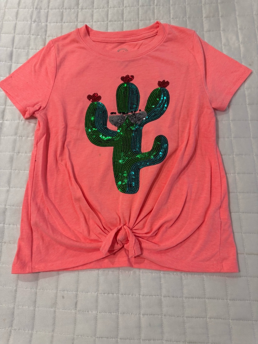wonder nation Coral Pink Short Sleeve Tee with Green Sequin Cactus